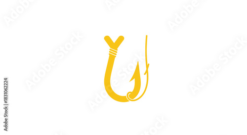 Simple golden yellow fishing hook with line icon on white background minimalist fishing equipment