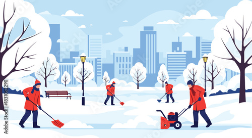 Group of people clearing snow from a city park using shovels and a snow blower with tall buildings in the background.