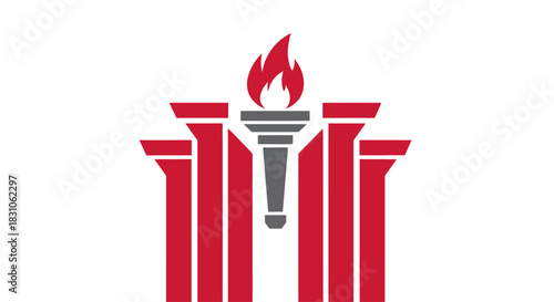 Symbolic Torch with Red Pillars Logo Representing Knowledge Achievement and Enlightenment