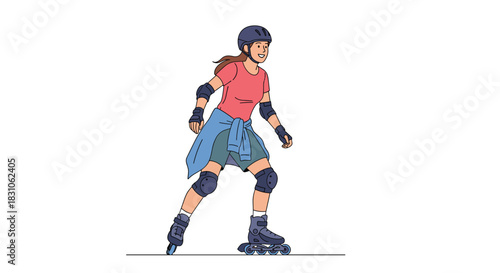 Energetic young woman rollerblading with a cheerful expression wearing a helmet and protective pads for safe enjoyment.