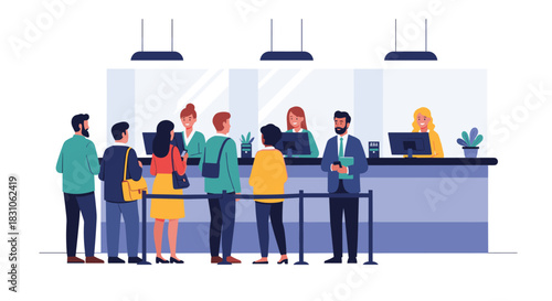 Diverse group of people waiting in an organized queue at a bank or customer service counter for transactions.