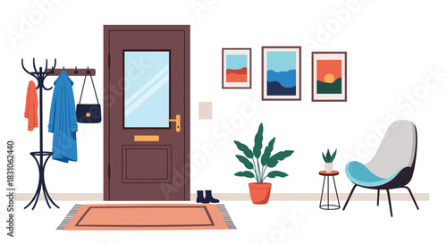 Inviting and cozy home entryway featuring a coat rack with clothes a comfortable chair plants and decorative artwork.