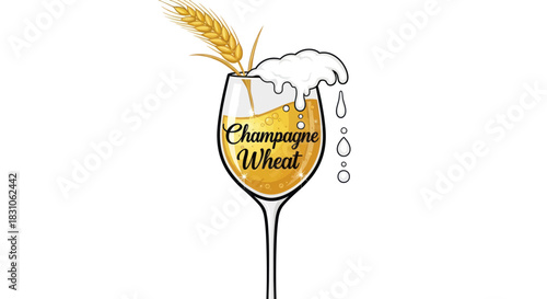 Refreshing Golden Wheat Beer in Elegant Champagne Glass with Frothy Foam and Cereal Grains