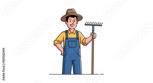Cheerful farmer wearing a hat and overalls standing proudly with a rake ready for agricultural work and gardening.