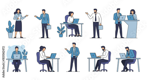 Collection of diverse business people in various poses illustrating different aspects of modern office work and professionalism.