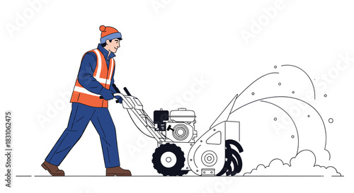 Man wearing winter clothing and a safety vest operating a snow blower to efficiently clear snow from a path.