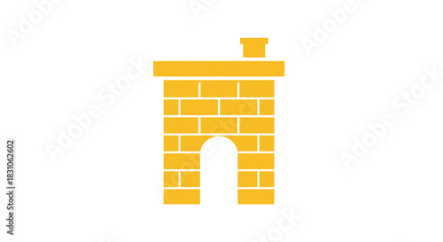 Simple yellow brick building vector icon with arch doorway and chimney illustration for home