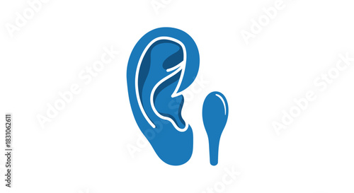 Blue stylized human ear and liquid drop icon representing ear health and hearing care illustration