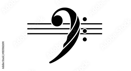Classic Black Bass Clef Music Symbol on White Background with Staff Lines Minimalist Design