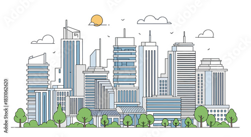 Contemporary cityscape outline with tall modern buildings and lush green trees beneath a sunny sky illustration.