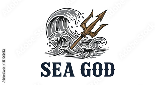 Dynamic Ocean Waves and Ancient Trident Vector Art with Sea God Typography Design