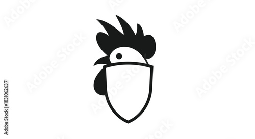 Minimalist Black and White Rooster Shield Logo Design Symbolizing Poultry Protection