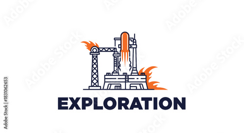 Stylized Industrial Facility Icon with Rocket Launch Symbolizing Scientific Exploration and