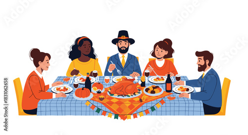 Diverse group of family and friends celebrating Thanksgiving dinner gathered around a table with a roasted turkey.