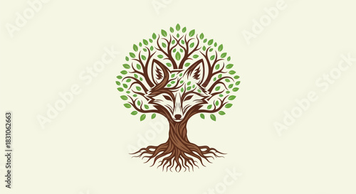 Majestic Fox Head Integrated within a Lush Green Tree Logo Design Symbolizing Nature and Wildlife
