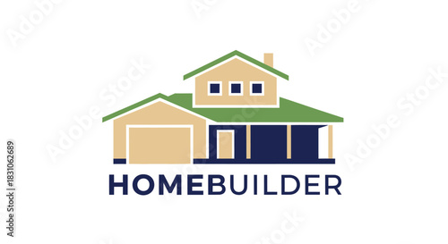 Modern flat design suburban house logo in green blue and beige colors representing home