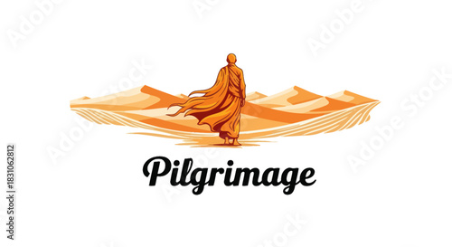 Spiritual Pilgrimage Journey Through Vast Desert Sand Dunes Monk Vector Illustration