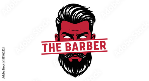 Modern Barbershop Logo Illustration Featuring Stylish Bearded Man Head with Red Face and Black