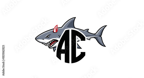 Aggressive devil shark mascot logo with red horns and AC monogram design on white background for