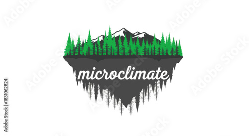 Microclimate concept logo with floating island forest and majestic mountain range graphic design