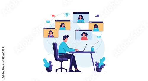 Man working on a laptop and participating in a virtual video conference call with multiple remote participants.