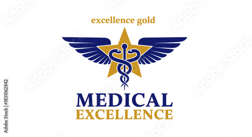 Prestigious Golden Star and Blue Wings Emblem with Rod of Asclepius Medical Excellence Concept