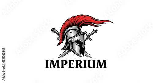 Powerful Roman Warrior Helmet Logo with Red Plume Crossed Swords and Imperium Text Design