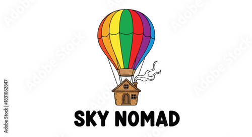 Colorful Hot Air Balloon Carrying a Cozy House Flying Through the Sky a Whimsical Travel Concept