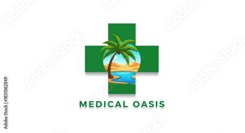 Medical Oasis Logo Design with Green Cross and Desert Palm Tree Icon for Health and Wellness