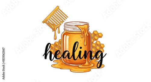 Golden Honey Jar with Dipper and Honeycomb Illustration Symbolizing Natural Healing Wellness