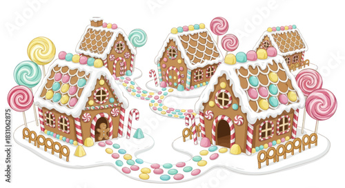 Enchanting Gingerbread Village Sweet Houses with Colorful Candies and Lollipops Festive Holiday