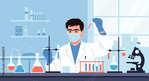 Male scientist in a lab coat and face mask performing a chemical experiment with test tubes and a microscope.