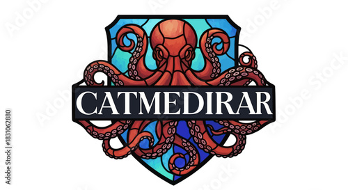 Stained Glass Octopus Shield Emblem with CATMEDIRAR Banner Vibrant Marine Art Logo Design