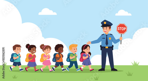 Happy school children walking in an orderly line with a friendly crossing guard holding a stop sign for safety.
