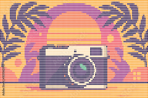 Vintage Camera Halftone Dot Matrix Art - Sunset Tropical Leaves Stipple Digital Graphic