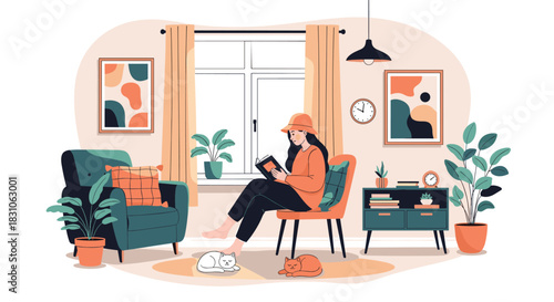 Woman relaxing comfortably in her living room on a chair reading a book with two cats and many houseplants.