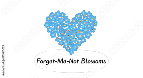Heart shaped arrangement of vibrant blue forget-me-not flowers symbolizing love and remembrance