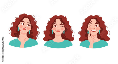 Collection of a woman's facial expressions displaying thinking winking and a joyful happy emotion.