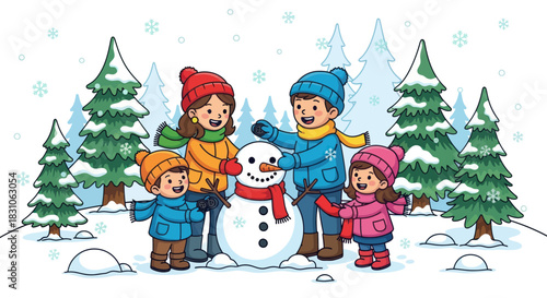 Happy family building a snowman together in a cheerful winter wonderland outdoor scene with pine