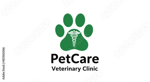 Modern Animal Health Clinic Logo Featuring Green Paw Print and Caduceus for Pet Veterinary Services