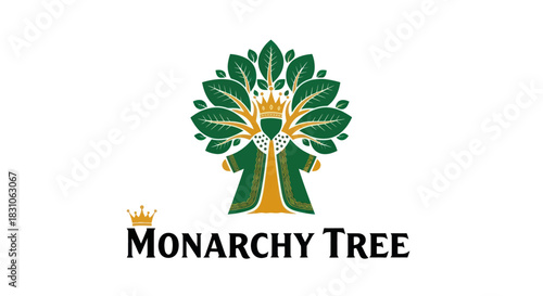 Regal Tree Logo Symbolizing Growth and Leadership with Golden Crown and Green Leaves