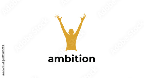 Golden human silhouette with raised sparkling hands symbolizing ambition and success achievement