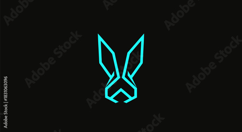 Geometric Rabbit Head Logo Modern Minimalist Digital Design on Black Background Cyan Outline