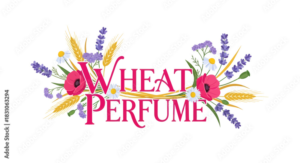 Naklejka premium Natural Botanical Perfume Logo Design Featuring Wheat Lavender Poppies and Daisies