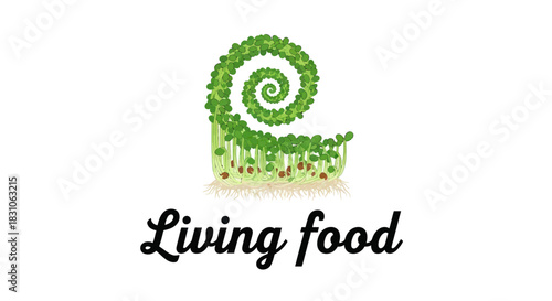 Vibrant green microgreens illustration forming a growth spiral symbolizing organic healthy living