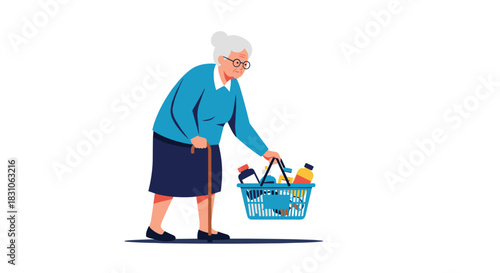 Elderly woman with a walking cane carrying a full shopping basket indicating grocery shopping or errands.