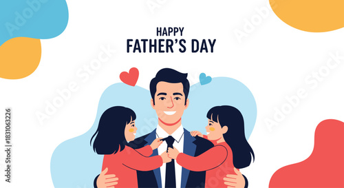 Happy Father's Day illustration with a smiling dad being lovingly embraced by his two cheerful daughters.