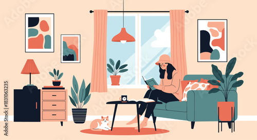 Woman relaxing comfortably on a sofa at home reading a book surrounded by her cat and many houseplants.