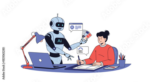Robot assisting a human graphic designer with creative tasks like choosing color palettes and design concepts.