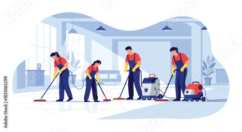 Professional cleaning team diligently working in a large open space using mops brooms and cleaning machines.